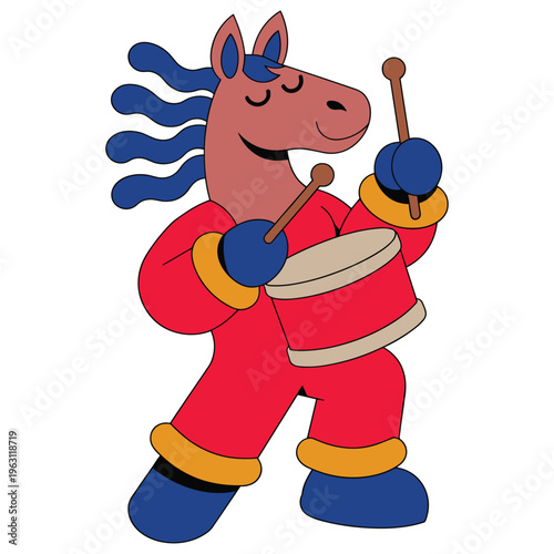 Animated horse character playing drum while marching in red costume for music performance.