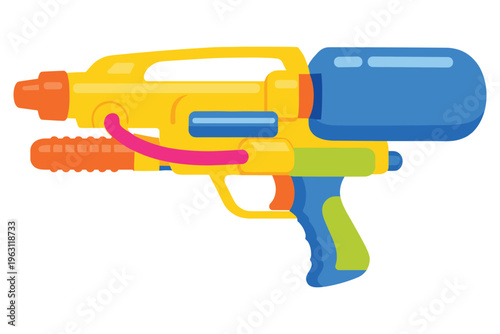 Bright yellow and blue water gun with orange details, a fun toy for water fights.