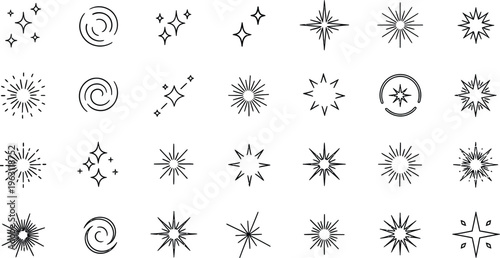 A diverse collection of minimalist star and sparkle icons in black line art style on a white background, perfect for graphic design projects.