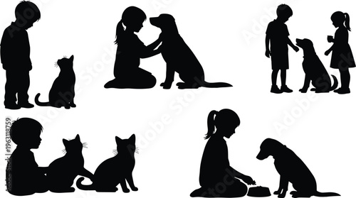 Children playing with pets silhouettes set, kids caring, feeding and bonding with dogs and cats, cute animal friendship illustration isolated on white background