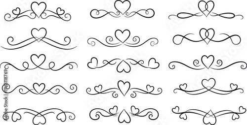 A collection of elegant black and white heart-shaped decorative dividers and calligraphic flourishes for design projects, perfect for weddings and Valentine's Day.