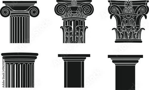 Classic column capitals set, Greek and Roman architectural elements collection, Ionic Corinthian and Doric styles silhouettes isolated black vector illustration on white background