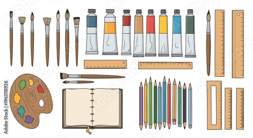 Art supplies arranged neatly on a plain surface for creative projects