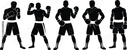 Collection of boxer silhouettes in fighting stances isolated on light background, black athletic figures for combat sport, training, fitness, and championship design use