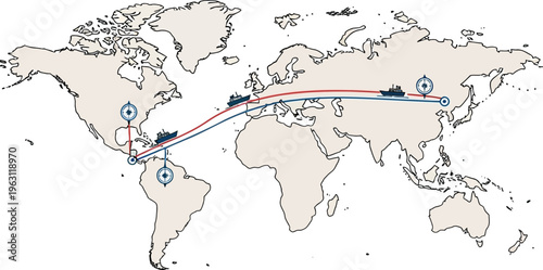 Global shipping routes map with cargo ships and target markers