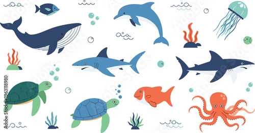 Marine Animal Collection in Flat Cartoon Style Featuring Whale Dolphin Shark Turtle Octopus Jellyfish and Fish for Ocean Wildlife and Underwater Design Projects.