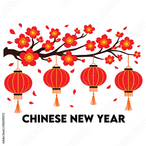 Chinese new year with cherry blossom branch and hanging red lanterns.