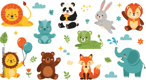 Cute Baby Animal Cartoon Collection Featuring Lion Panda Rabbit Bear Fox Elephant and Cat in Flat Style for Kids Design and Nursery Illustration Projects.