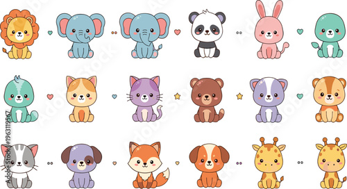 Cute Baby Animal Cartoon Icon Collection Featuring Lion Elephant Panda Rabbit Dog Cat Fox Bear and Giraffe in Flat Style for Kids Design Projects.