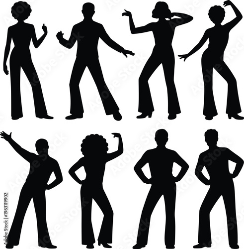 Retro dance silhouettes collection, disco style poses, expressive arm and leg movements, vintage party vector illustration design set