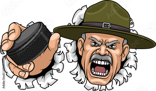 An angry drill instructor or sergeant bootcamp army soldier cartoon character holding hockey puck ice hockey sports team mascot illustration.