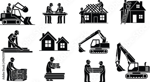 Construction workers and heavy equipment silhouettes set, house building process illustration with excavator, carpenter, roofing, masonry, and teamwork isolated on white background