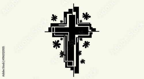 Stylized black Christian cross with floral accents.