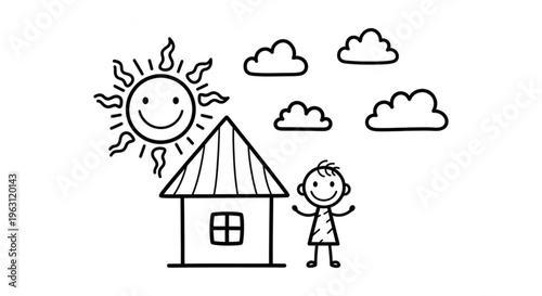Happy child standing next to a house under a sunny sky with clouds smiling and carefree outdoors
