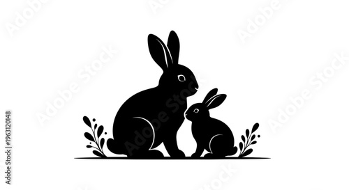 Black silhouette of a mother rabbit and her baby bunny sitting together with subtle foliage.