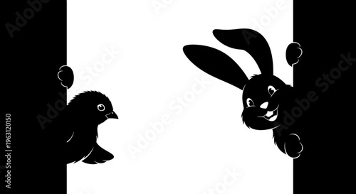Black silhouettes of a bird and a rabbit peeking from the sides.