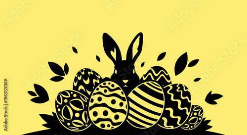 Easter bunny and decorated eggs silhouette on a vibrant yellow background.