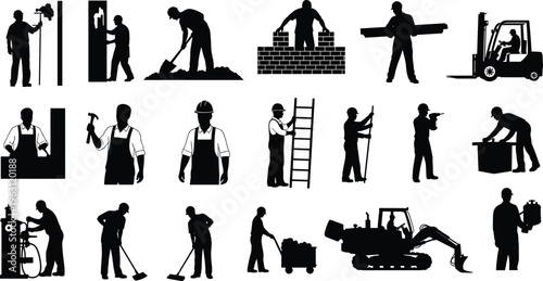 Construction workers silhouette set with tools, machinery, and industrial activities, vector illustration collection isolated on light background for labor and engineering concepts
