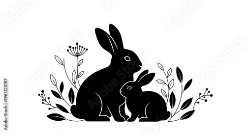Two black rabbit silhouettes with floral elements on a white background.