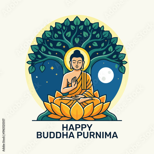 Happy Buddha Purnima vector illustration with Lord Buddha meditating under Bodhi tree