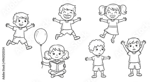 Happy children playing and jumping with balloon outdoors in casual clothes