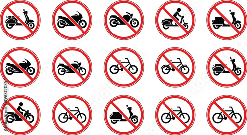 No motorcycle and bicycle sign icon set with prohibited scooter and bike symbols, traffic restriction signage collection for road safety vector isolated on white background