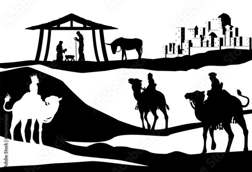 A Christmas nativity scene with baby Jesus in the manger, wise men and city of Bethlehem in the background