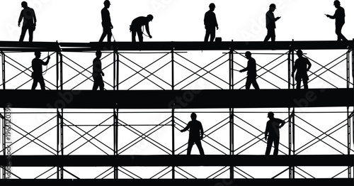 Construction workers silhouettes on scaffolding, industrial building site activity with labor team, engineering and development concept black vector illustration isolated on white background