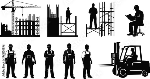 Construction workers silhouettes set with crane, scaffolding, engineer planning, forklift operation, industrial labor team illustration isolated on white background for industry concept