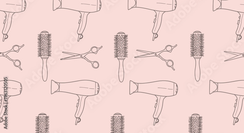 Hairdressing Tools Seamless Pattern with Hair Dryers Brushes and Scissors