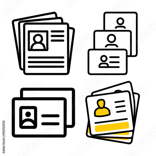 Set of user profile cards and identification documents with human icons