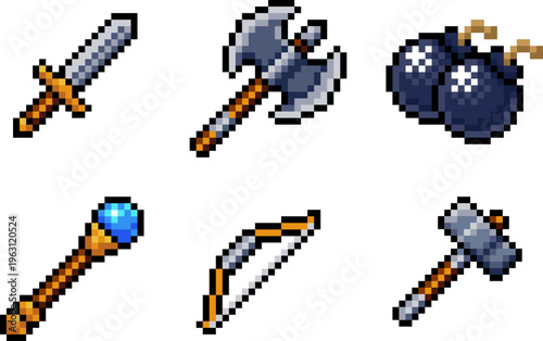 Pixel art weapons video game asset icon set retro 8 bit. Fantasy video game items including sword, axe, bombs, magic staff, bow and hammer for RPGs, inventory UI, crafting and adventure design