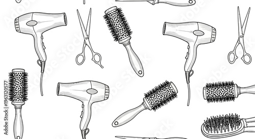 Seamless Hairdressing Pattern with Hand Drawn Hair Dryer Scissors and Brushes