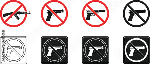 No weapons sign icon set with prohibited gun and firearm symbols, safety restriction signage collection for security zones, warning vector isolated on white background