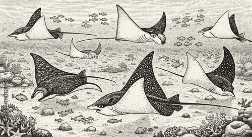 Stingray School Swimming Over Coral Reef Illustration