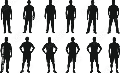 Human silhouettes collection, standing neutral and assertive poses, posture variations, confident stances, vector illustration design set