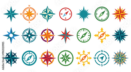 Vintage nautical compass rose and wind rose navigational icon library