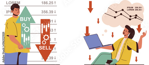 Individuals reacting to stock market trends and financial chart analysis with laptop assistance and visual indicators