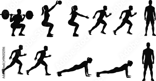 Fitness training silhouettes set featuring squats, running, push ups and strength exercises, full body workout routine isolated on white background