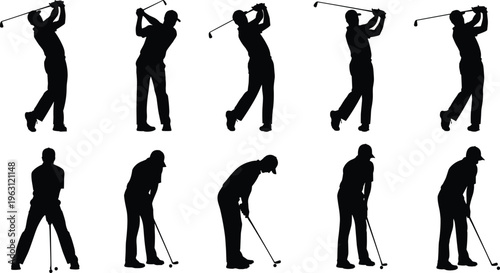 Golf player silhouettes set featuring swing and putting actions dynamic sports poses vector illustration isolated on white background for golf design