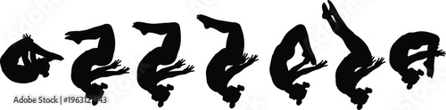 Gymnastics backflip silhouettes sequence showing acrobatic motion and body rotation, athletic performance isolated on white background for sports training and design use