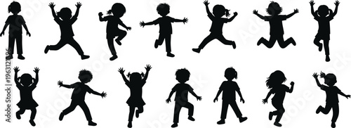 Happy children jumping silhouettes collection showing playful kids poses, joyful movement, childhood activity isolated on white background vector illustration