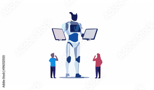 Futuristic White and Blue Humanoid Robot Holding Digital Data Tablets Vector Illustration