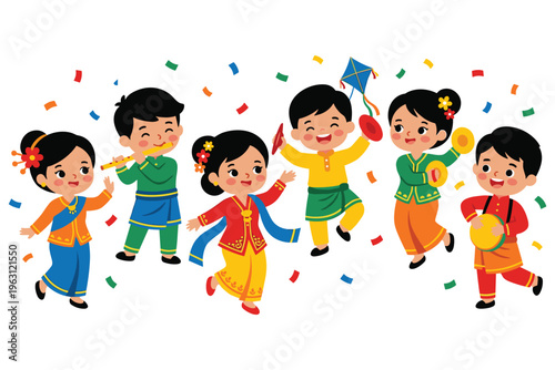 Happy children in traditional asian outfits playing musical instruments and dancing joyfully.