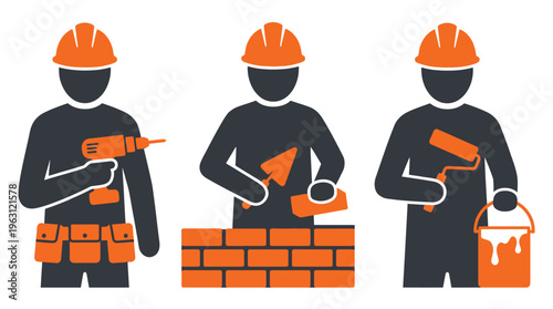 Construction worker icons, builder silhouettes with tools, bricklayer and painter vector set. Industrial labor and home improvement graphic resources.