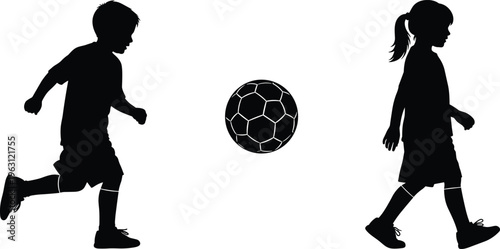Kids playing soccer silhouettes with boy and girl and football isolated on white background children sport vector illustration concept