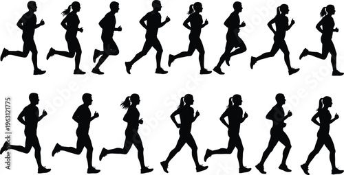 Large set of male and female running silhouettes showing continuous jogging motion sequence, side view athletes isolated on white for fitness design