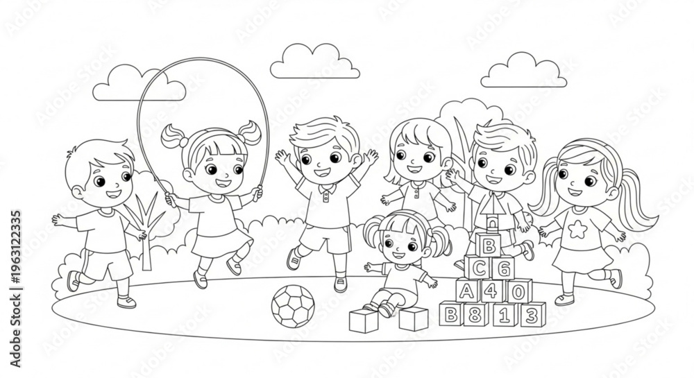 Fototapeta premium Children playing outside with blocks balls and toys on a sunny day with clouds