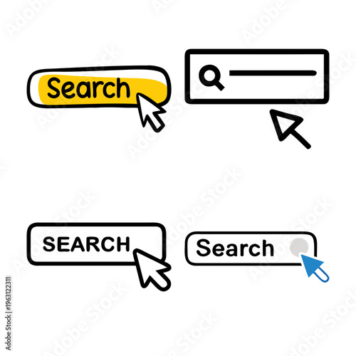 Search buttons and input fields with cursor icons, online searching and web interaction