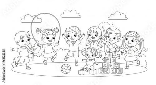 Children playing outside with blocks balls and toys on a sunny day with clouds